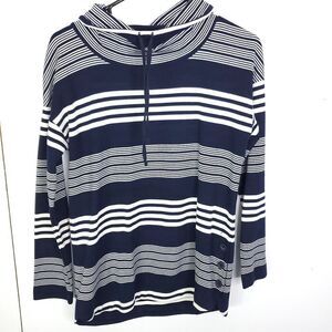 T By Talbots Sweater Womens S Drawstring Cowl Neck Striped Button Sides Nautical